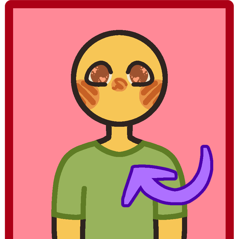 a big red square with a darker red outline and a yellow person standing infront of it. they’re wearing a green shirt and have brown eyes. there is a purple arrow pointing to them